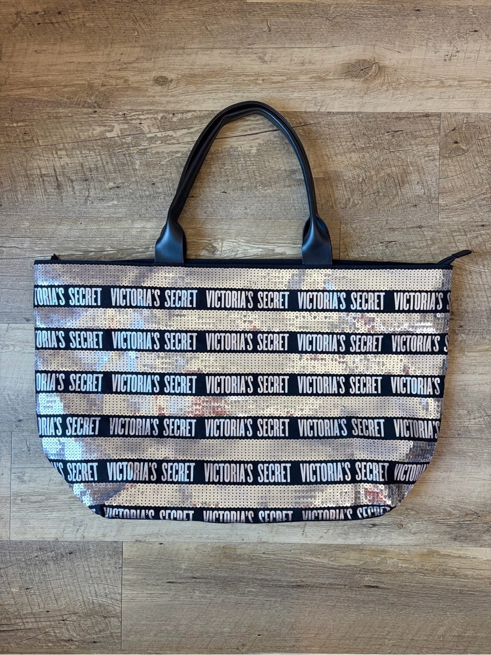 Victoria’s Secret Silver and Black Sequin Striped Weekender Canvas Tote Bag